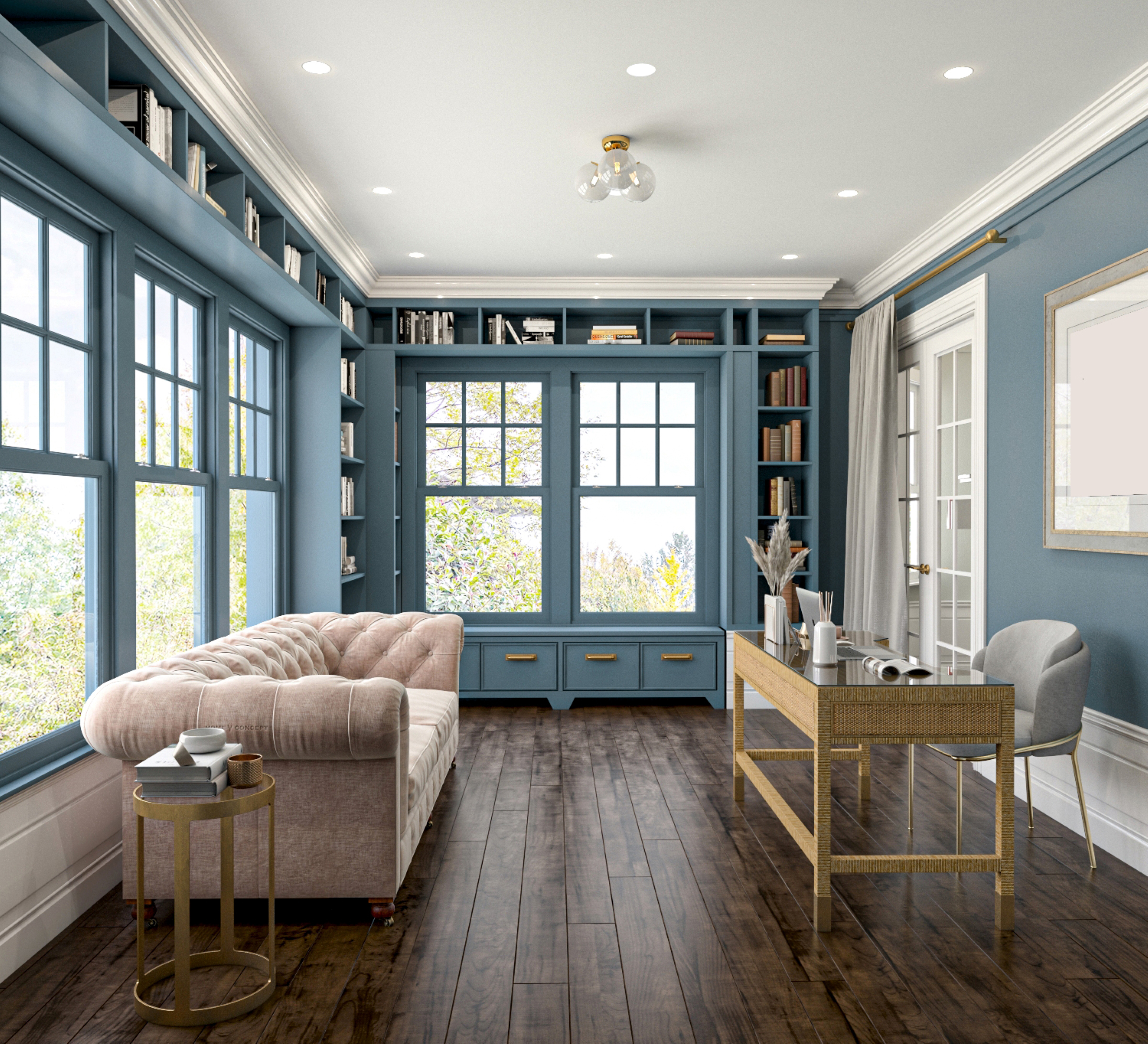 Elegant Home Library With Blue Shelves and Wooden Floor Interior Design ...